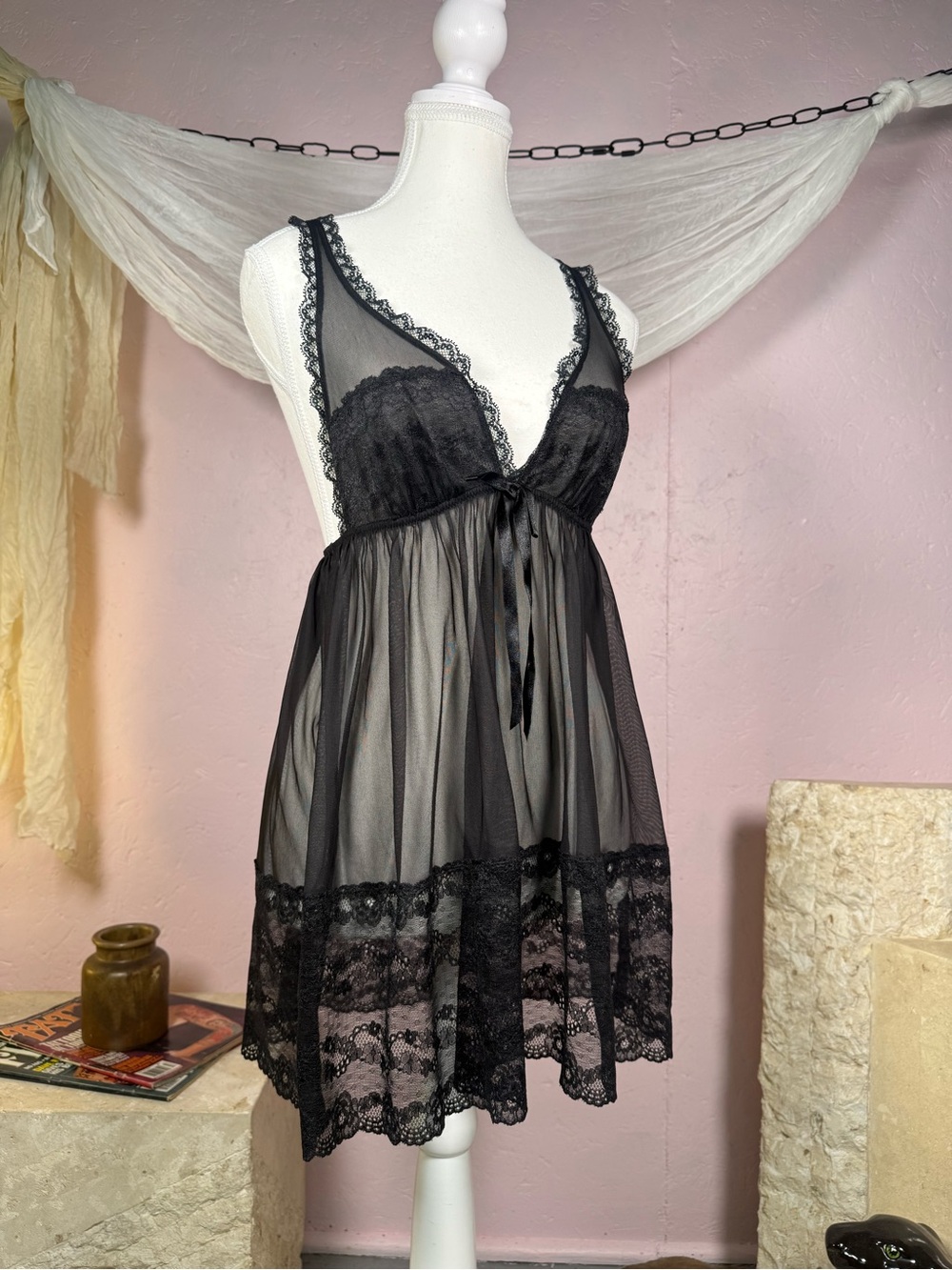 Victoria’s Secret Black Sheer Lace Babydoll Nightie Slip Dress Size Medium Y2K